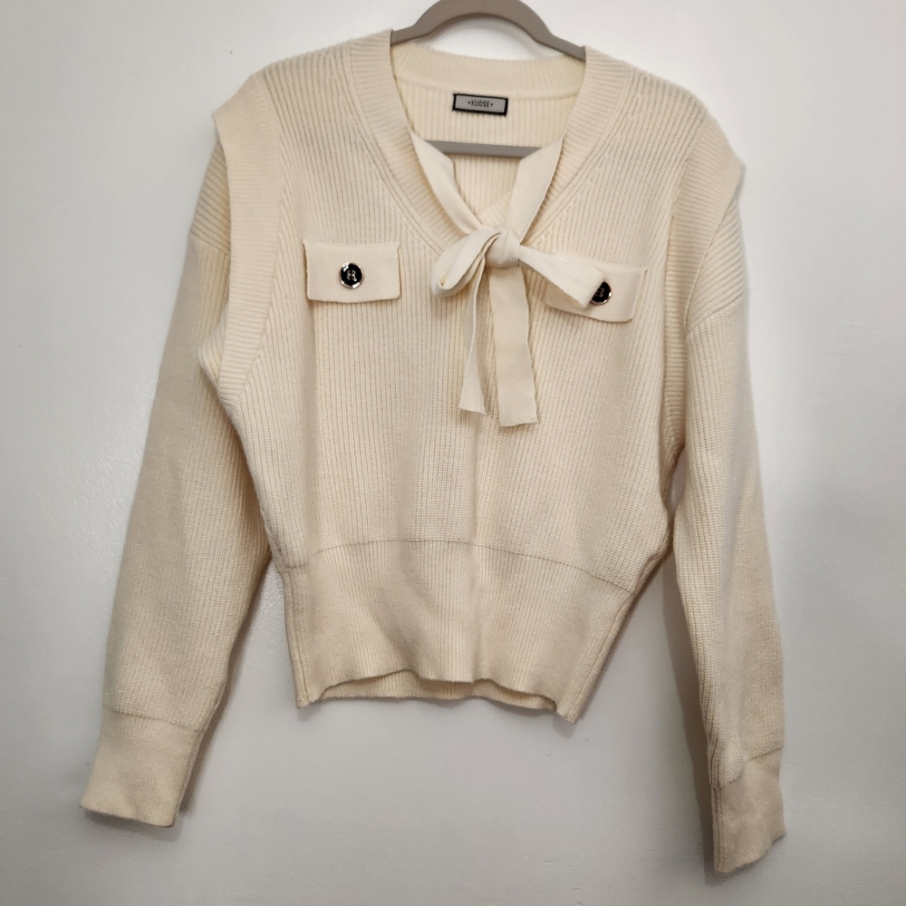 Kuose Women’s Small Cream Ribbed Sweater Long Sleeve Tie Neck Pullover Preppy